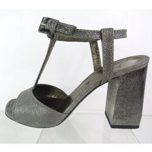LANVIN silver soft leather metallic snakeskin metal block heel sandals size 38.5